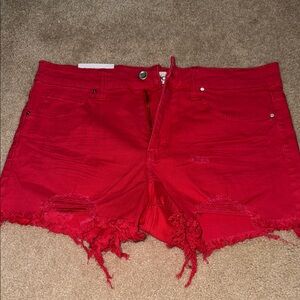 Red Distressed Jean Shorts